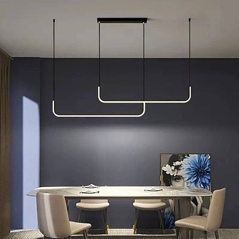 Gold LED Strip Chandelier — Adjustable Height Ceiling Pendant Light