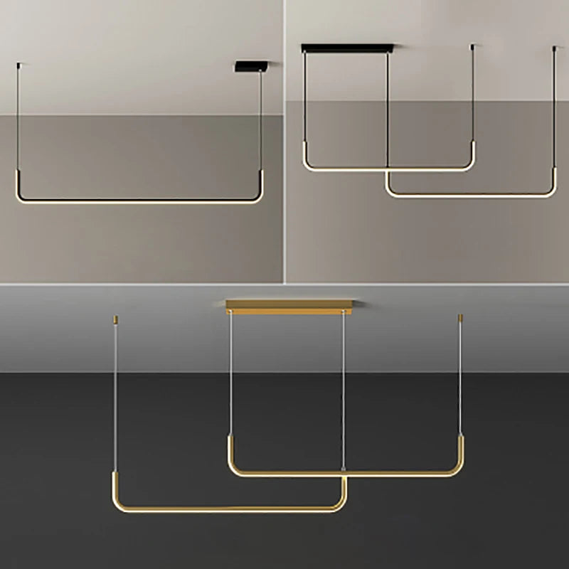 Gold LED Strip Chandelier — Adjustable Height Ceiling Pendant Light