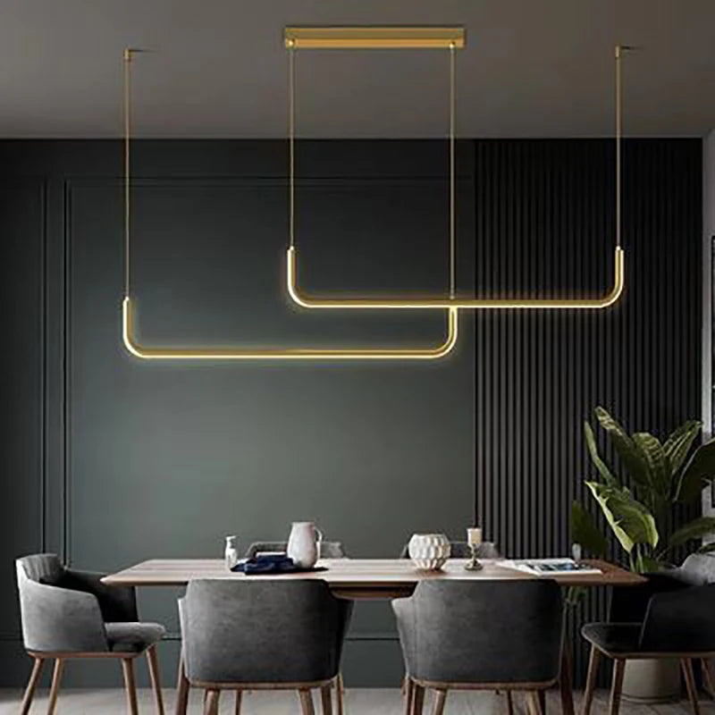 Gold LED Strip Chandelier — Adjustable Height Ceiling Pendant Light