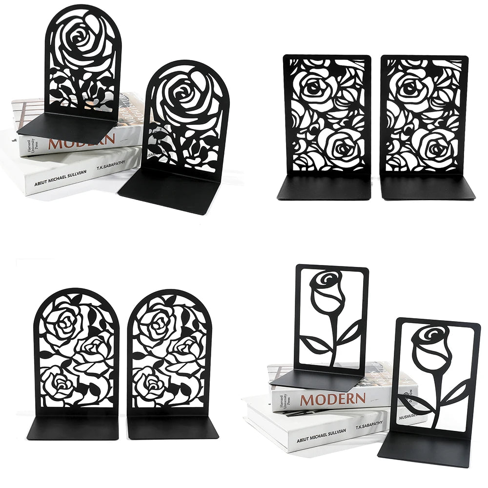 Rose Hollow Metal Bookends — Decorative Heavy-Duty Book Supports