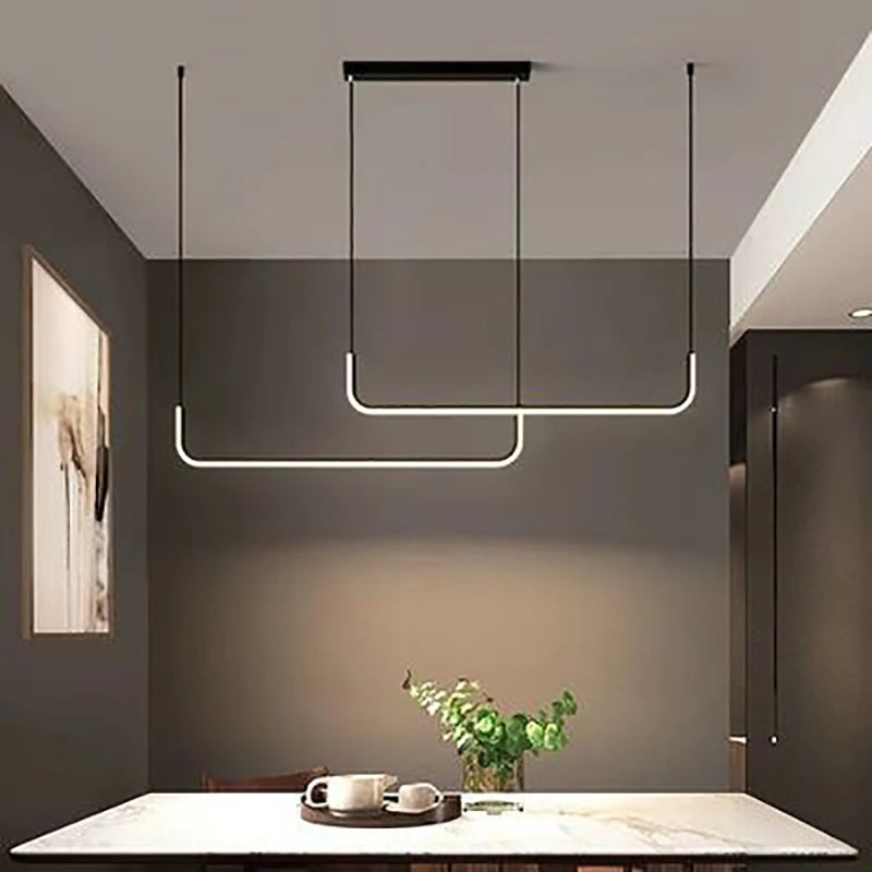 Gold LED Strip Chandelier — Adjustable Height Ceiling Pendant Light
