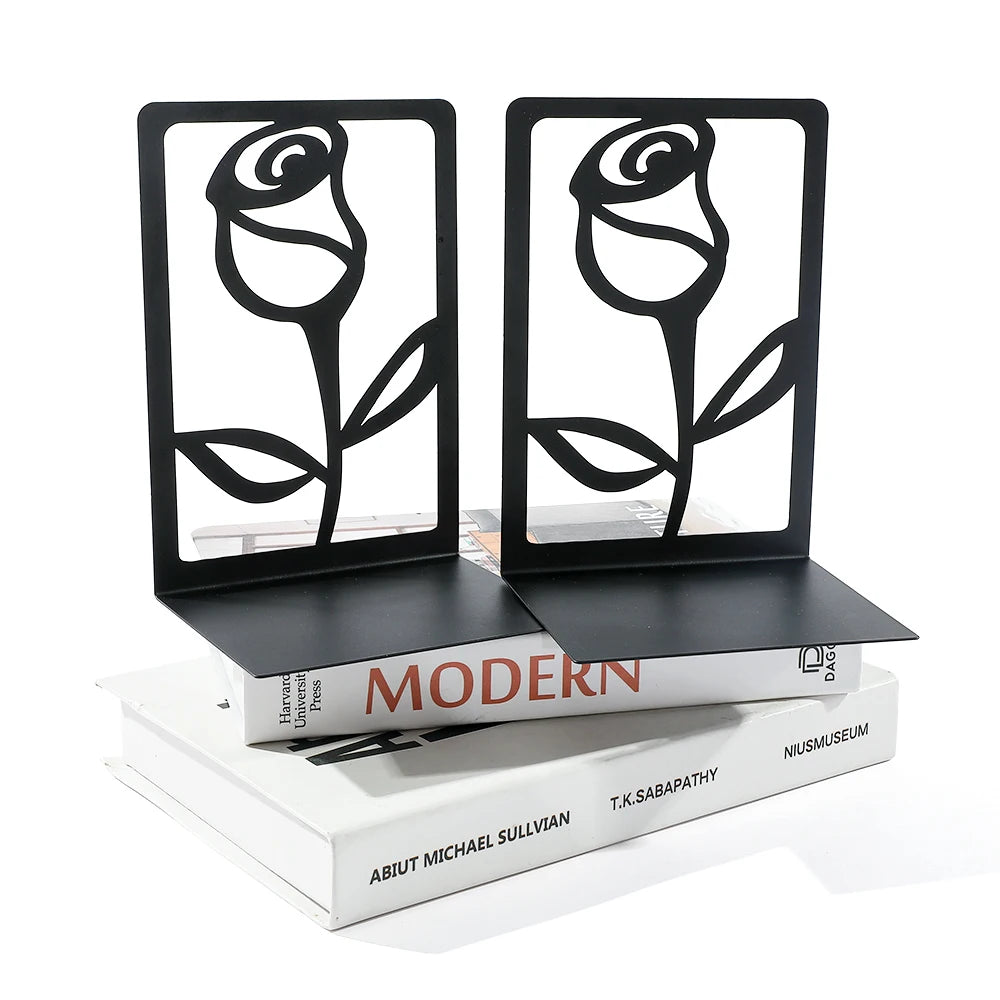 Rose Hollow Metal Bookends — Decorative Heavy-Duty Book Supports