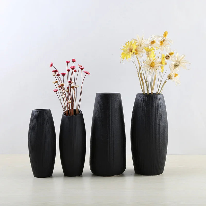 Modern Black Ceramic Vase — Retro European Handmade Home Decor