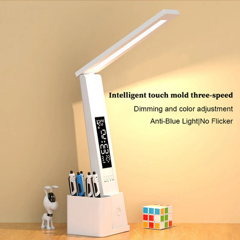 Foldable Desk Lamp with LED Clock — Dimmable Touch Reading Light