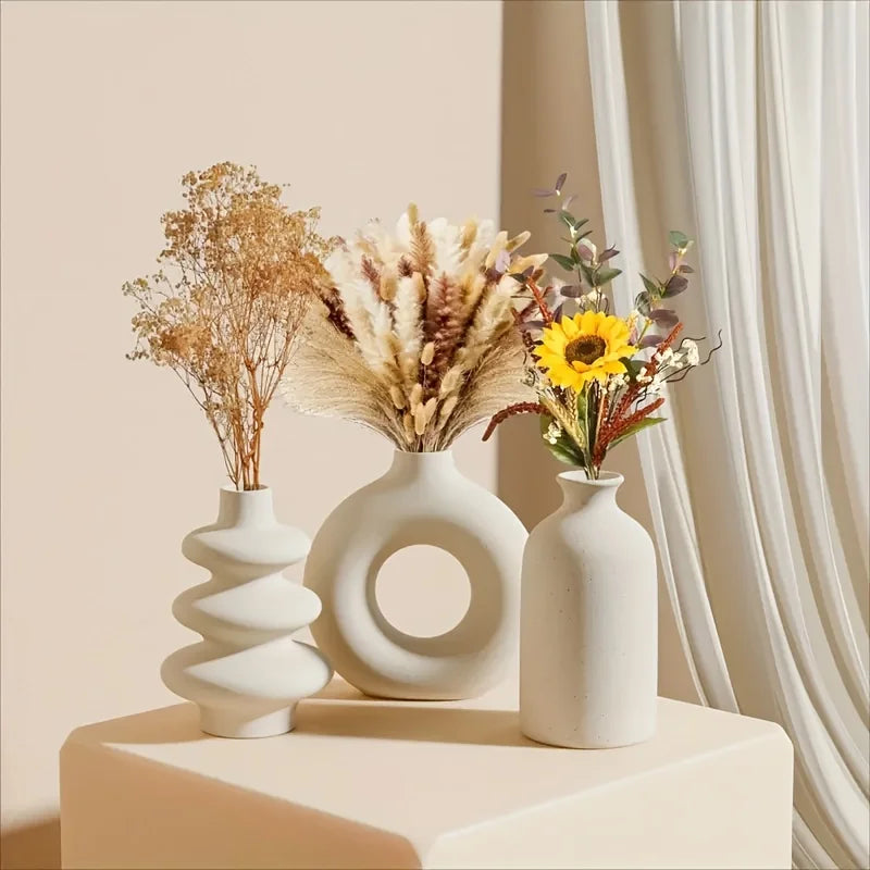 Bohemian White Ceramic Vase Set (3-Piece) — Textured Home Decor