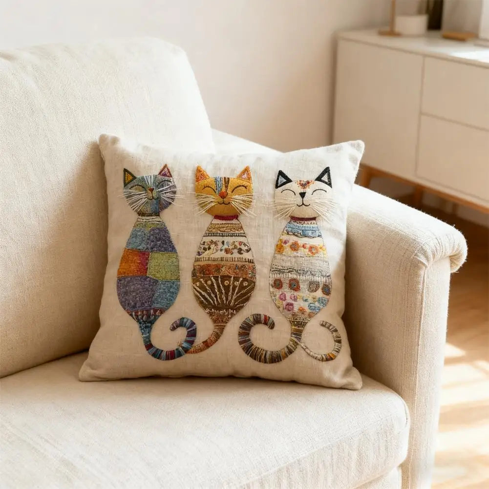 Cat-Patterned Pillow Cover — Playful 2D Print Sofa Cushion