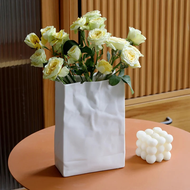 Pleated Paper-Bag Ceramic Vase — Scandinavian Bohemian Decor