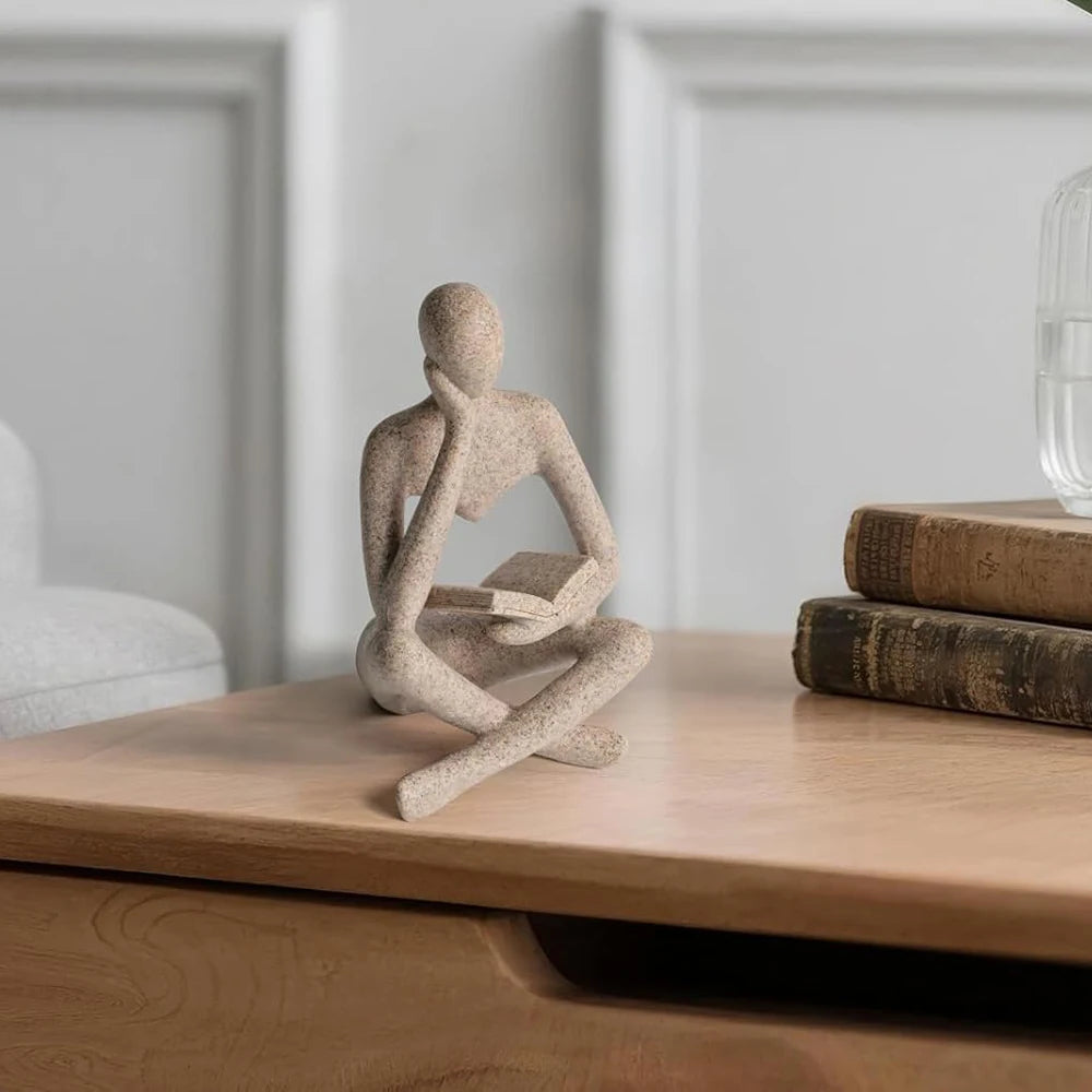 Reading Thinker Figurine — Abstract Resin Sculpture for Bookshelf