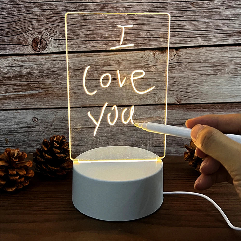 LED Acrylic Message Board Night Light — Erasable Desk Memo Lamp