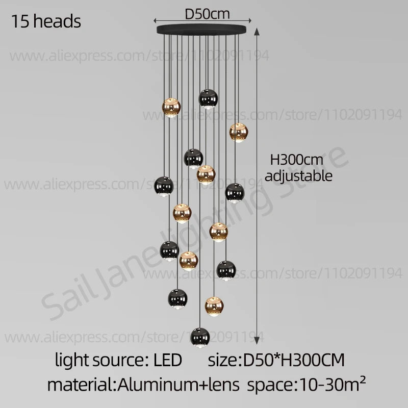 Nordic Circular Staircase Chandelier — Gold & Black Villa Pendant Light