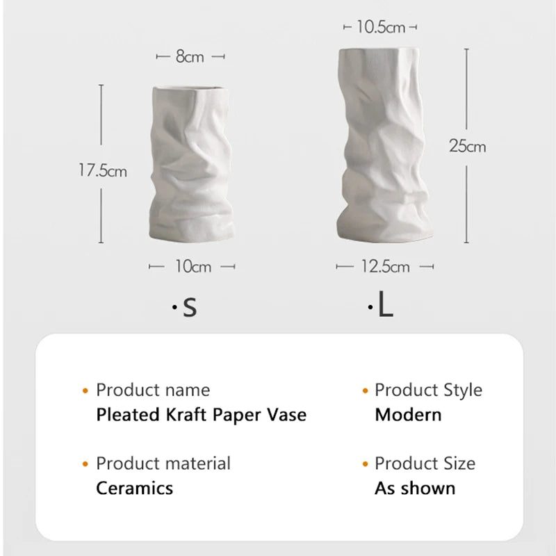 Wrinkled Ceramic Vase — Modern Sculptural Vessel for Living Room & Entryway
