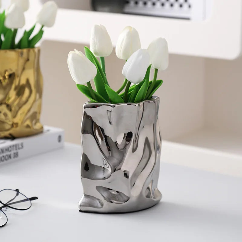 Nordic Irregular Electroplated Ceramic Vase — Modern Sculptural Accent