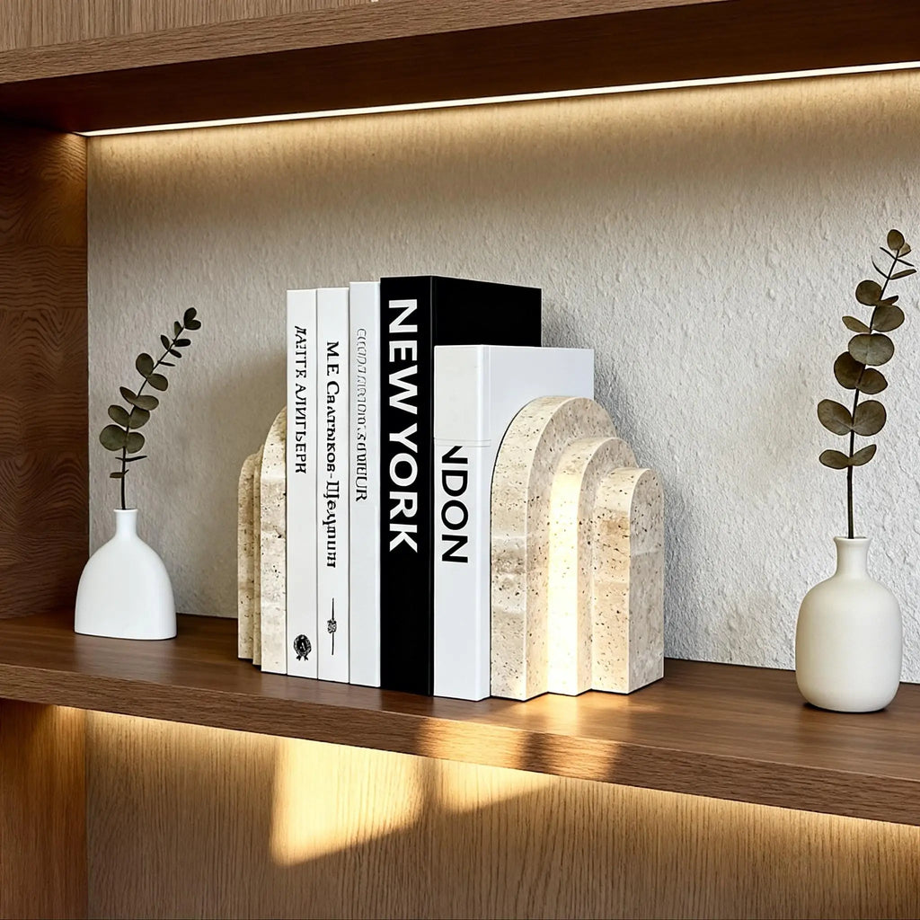 Travertine Natural Marble Bookend — Sculptural Stone Desk Accessory
