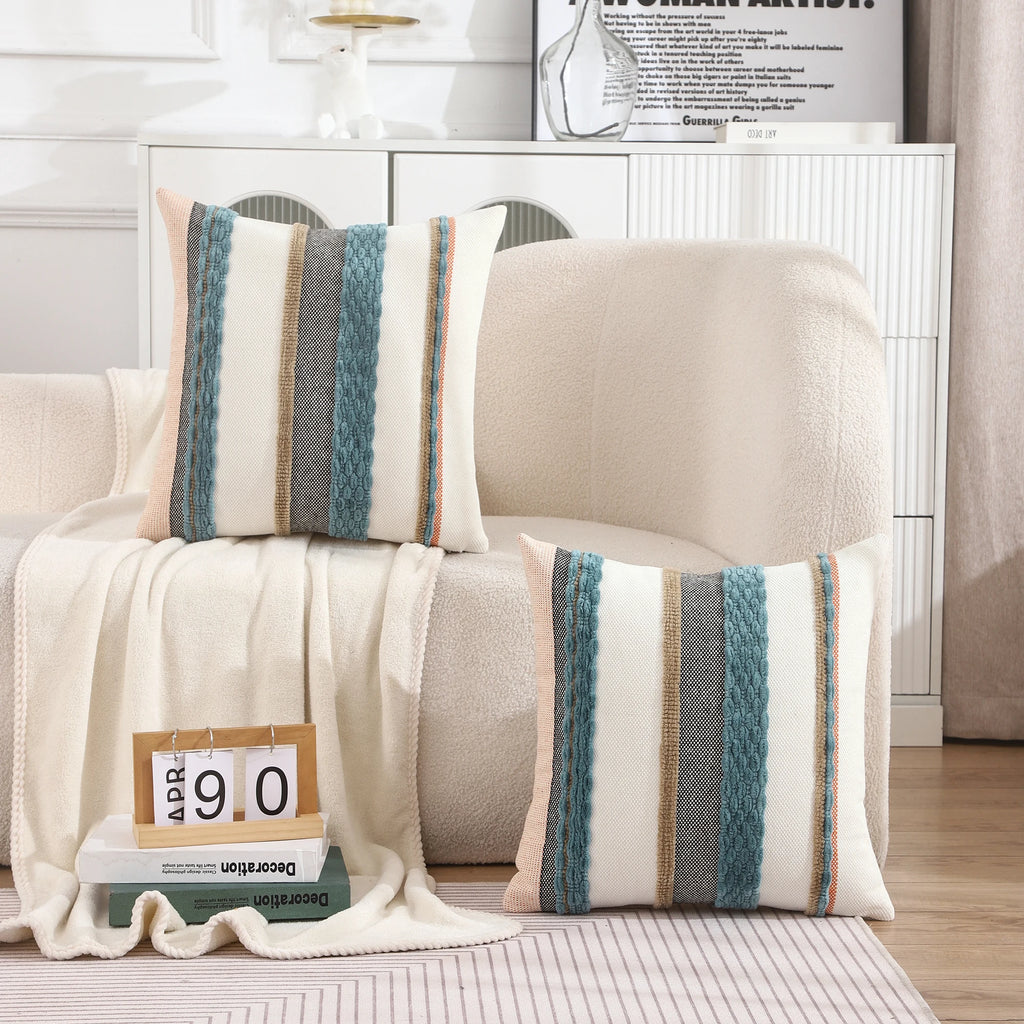 Boho Striped Chenille Pillow Cover — Plush Textured Square Cushion