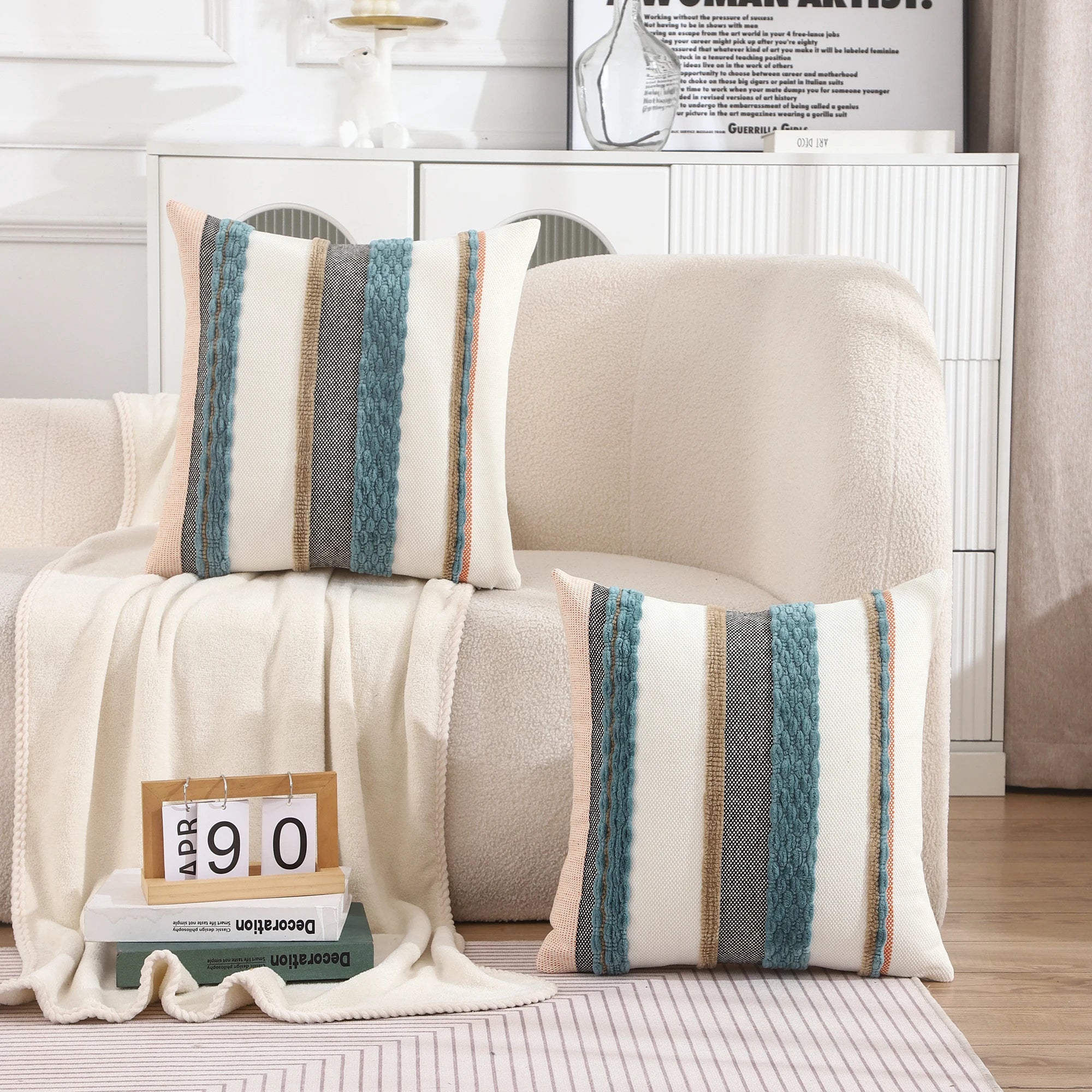 Boho Striped Chenille Pillow Cover — Plush Textured Square Cushion