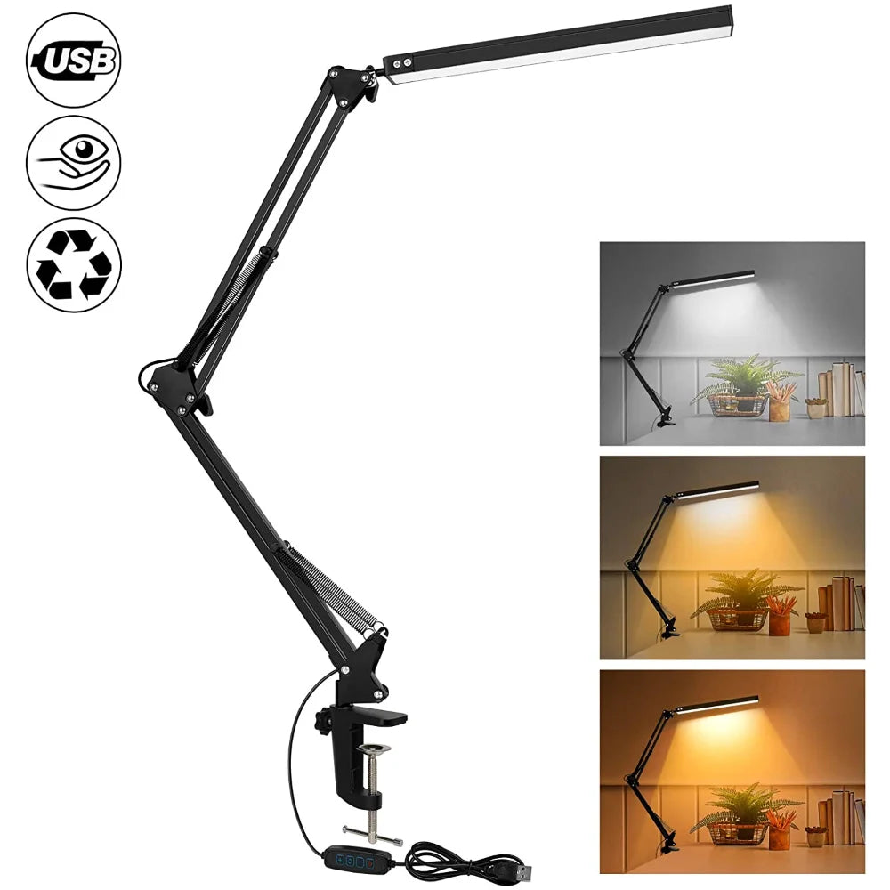Swing-Arm LED Desk Lamp — 10-Brightness Eye-Care Clamp Light