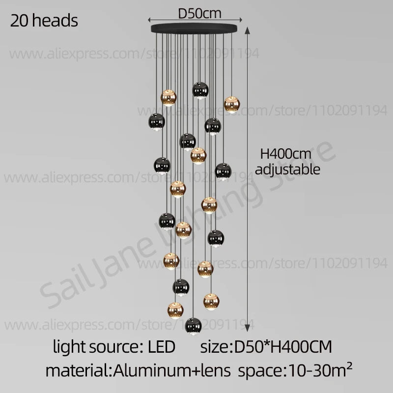 Nordic Circular Staircase Chandelier — Gold & Black Villa Pendant Light