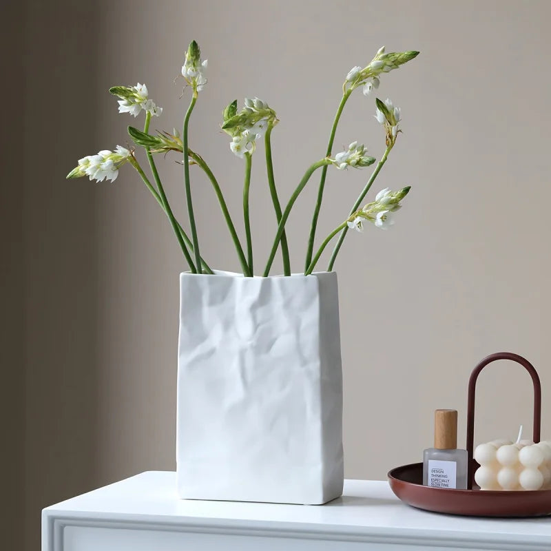 Pleated Paper-Bag Ceramic Vase — Scandinavian Bohemian Decor