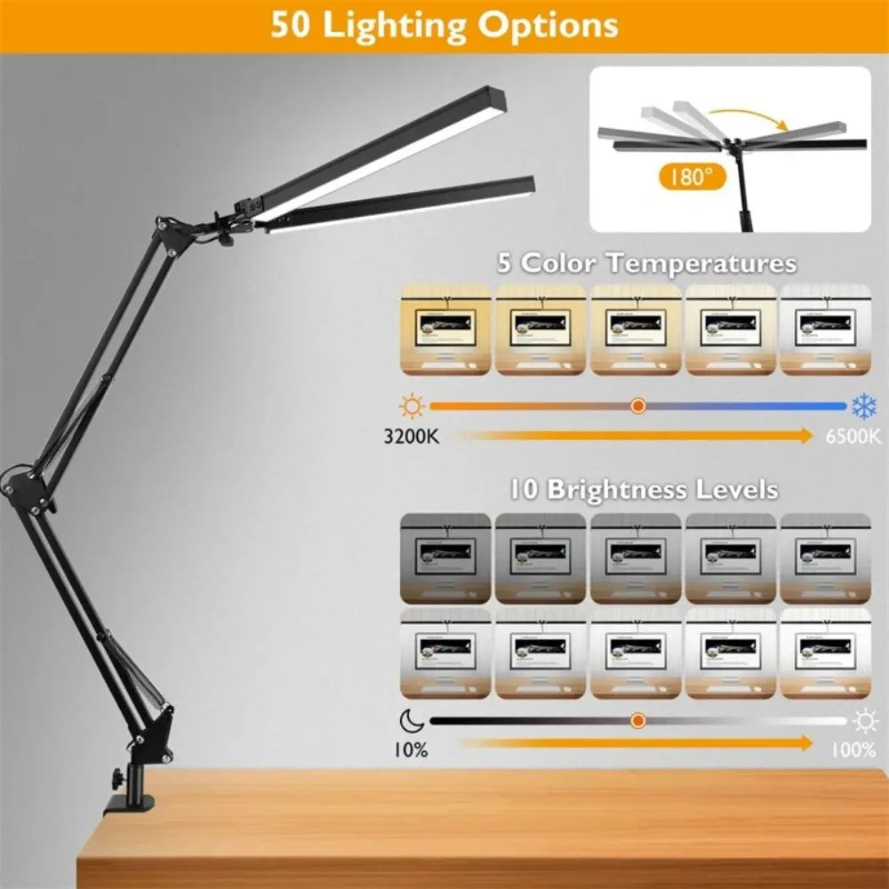 Eye-Care Clamp Desk Lamp — Adjustable Reading Light with 10 Brightness Levels