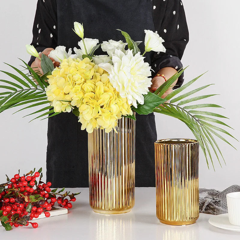 Nordic Golden Ceramic Vase — Flower Arrangement Pot & Storage Container