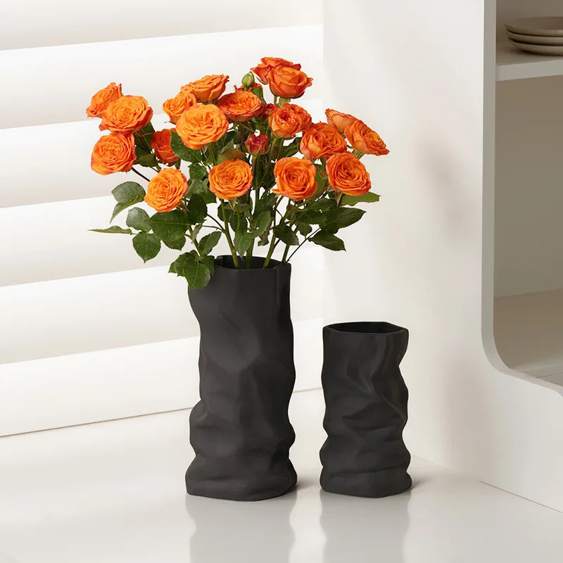 Wrinkled Ceramic Vase — Modern Sculptural Vessel for Living Room & Entryway