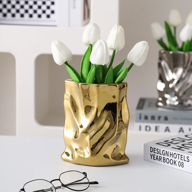 Nordic Irregular Electroplated Ceramic Vase — Modern Sculptural Accent