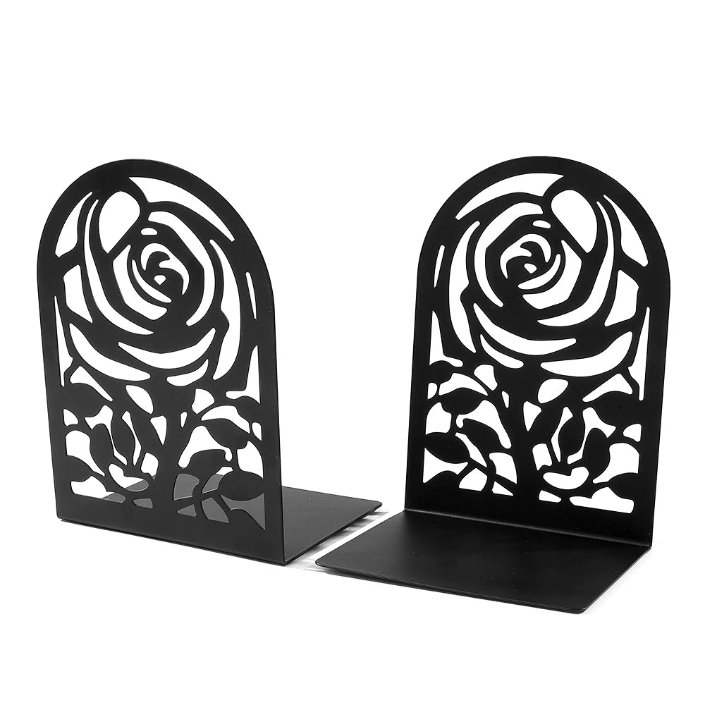 Rose Hollow Metal Bookends — Decorative Heavy-Duty Book Supports