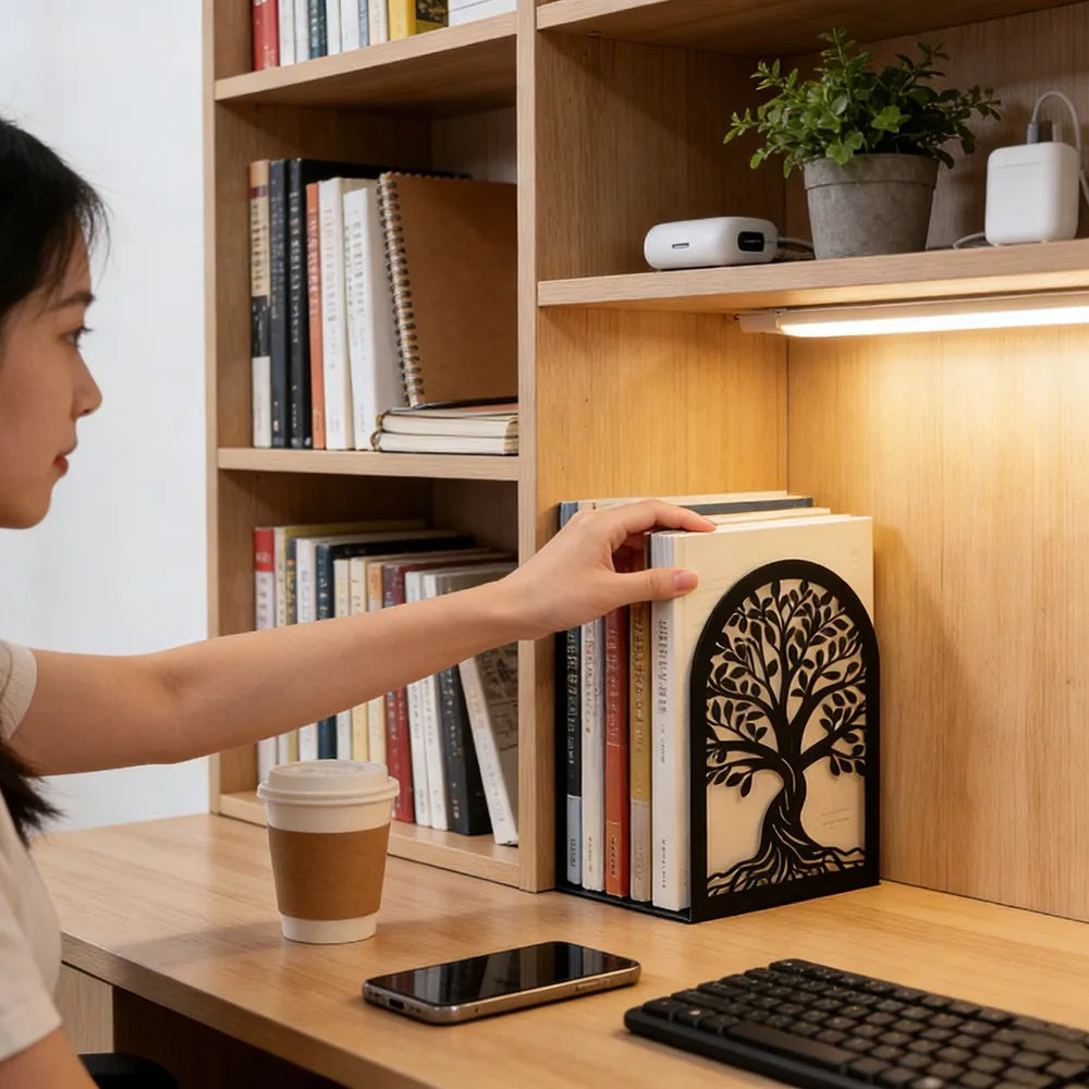 Tree of Life Metal Bookend — Black Sculptural Library Decor