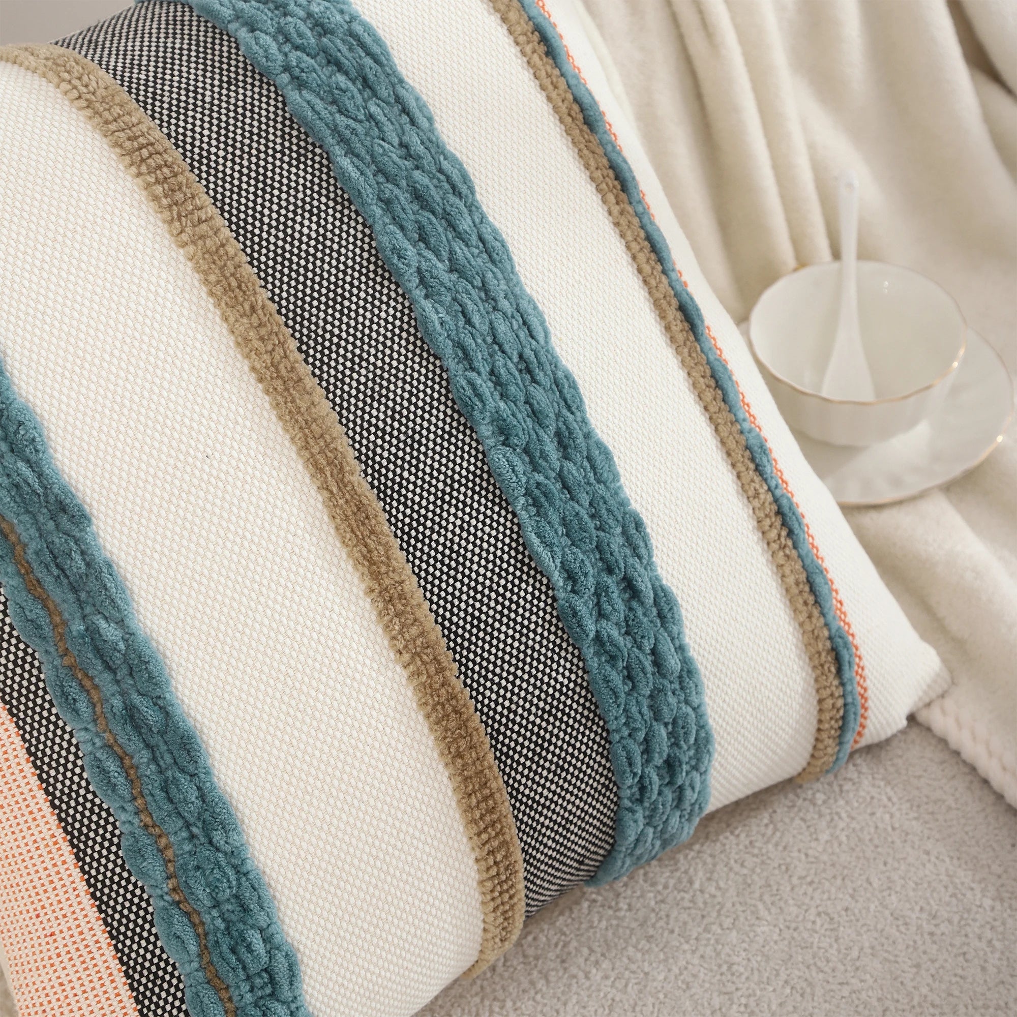 Boho Striped Chenille Pillow Cover — Plush Textured Square Cushion
