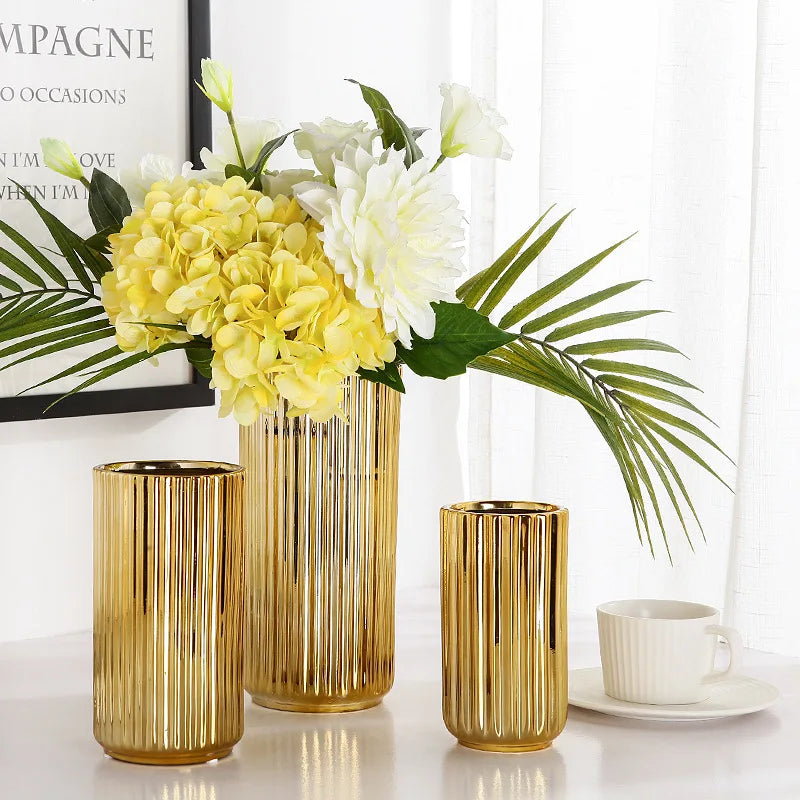 Nordic Golden Ceramic Vase — Flower Arrangement Pot & Storage Container