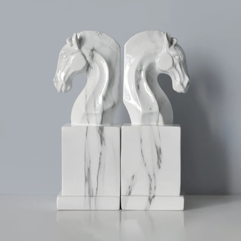 Marble-Look Horse Head Bookend — Sculptural Resin Book Stand