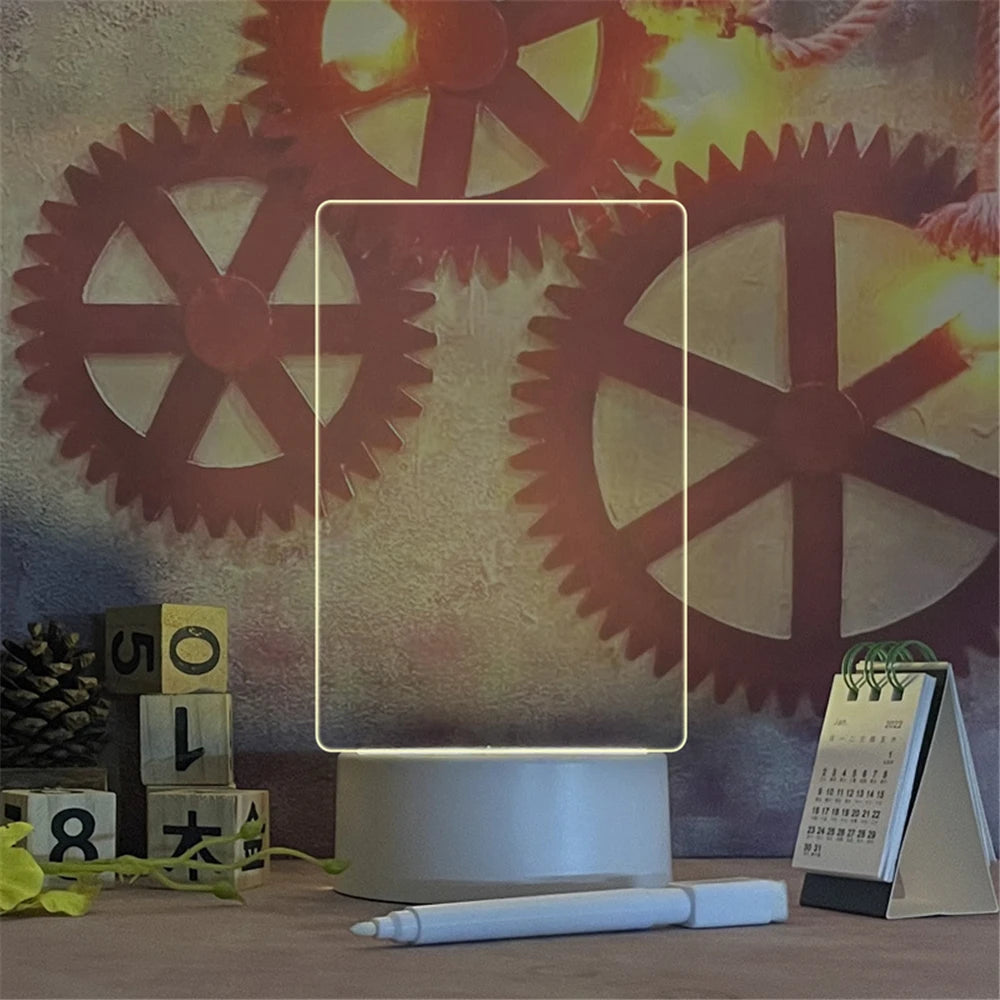 LED Acrylic Message Board Night Light — Erasable Desk Memo Lamp