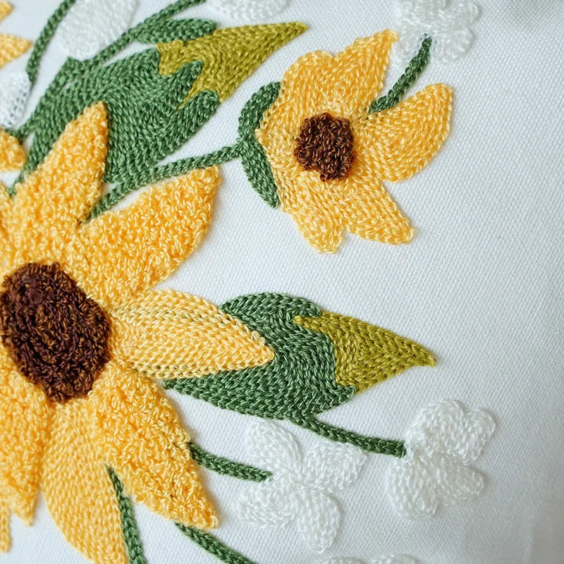Embroidered Sunflower Pillow Cover — Jacquard Woven Cushion for Bay Window