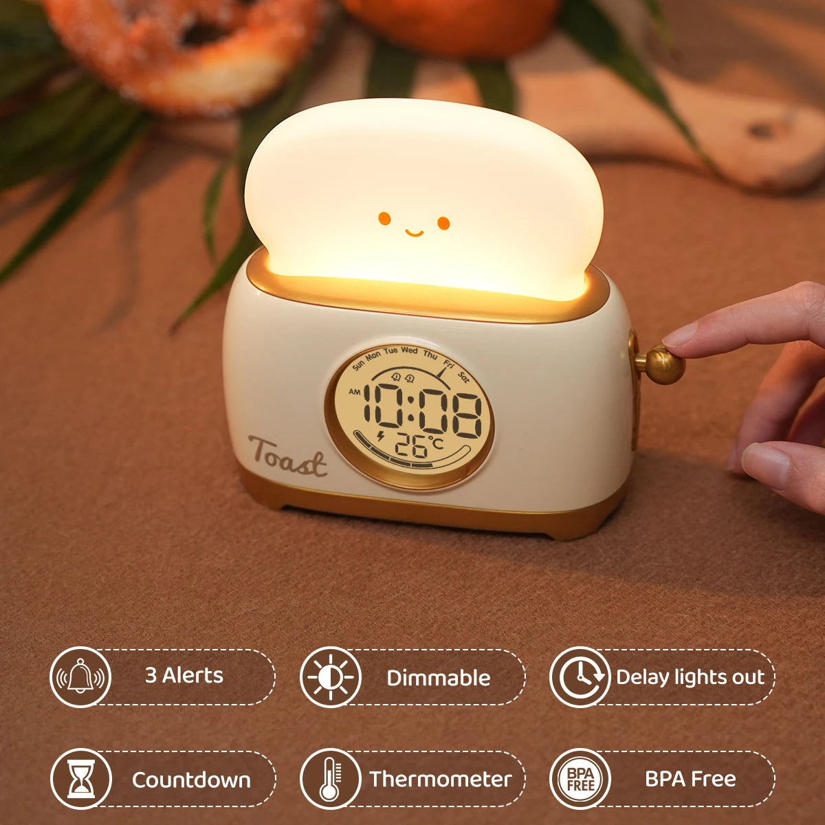 Toaster Alarm Clock Night Light — Dimmable USB Rechargeable Kids Lamp