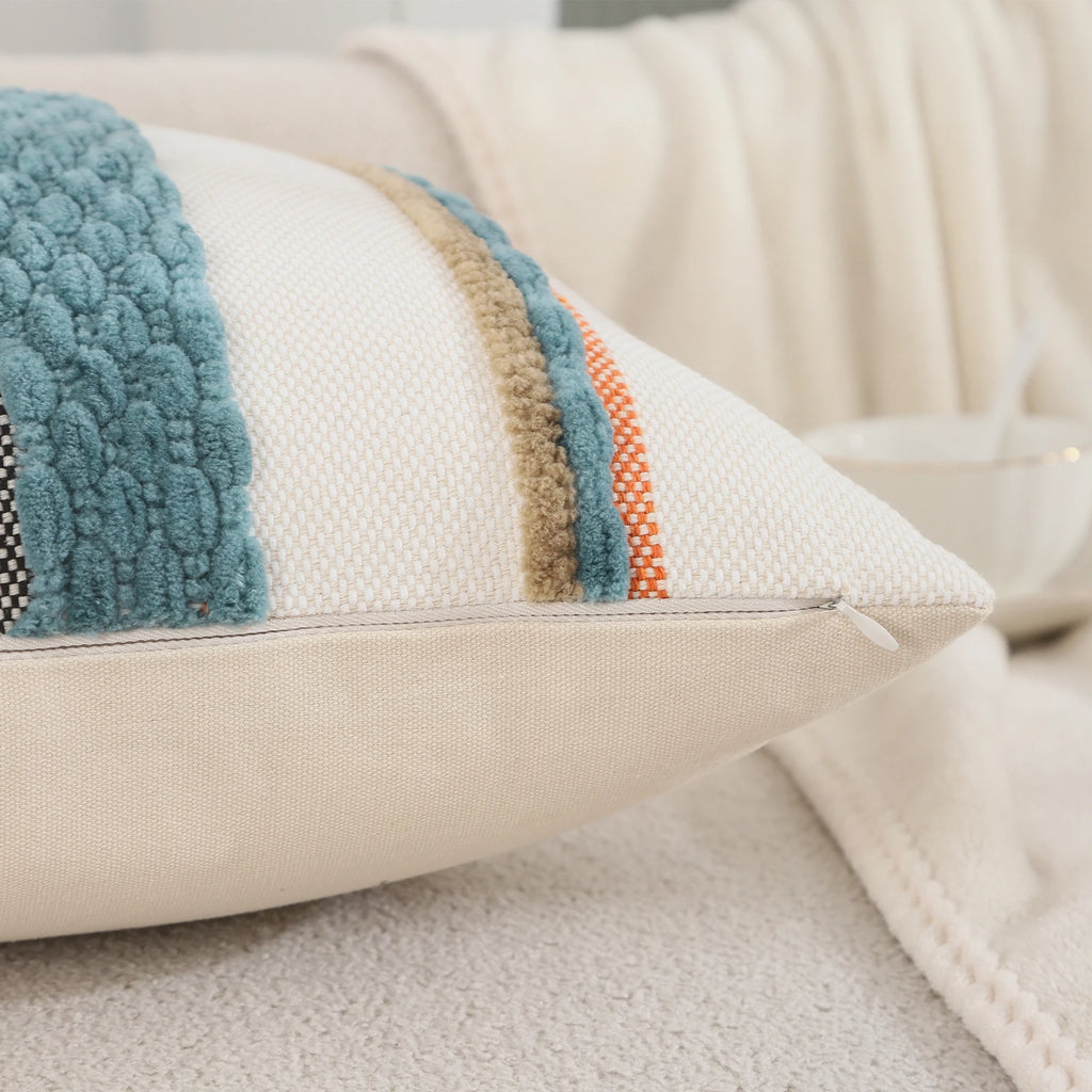 Boho Striped Chenille Pillow Cover — Plush Textured Square Cushion