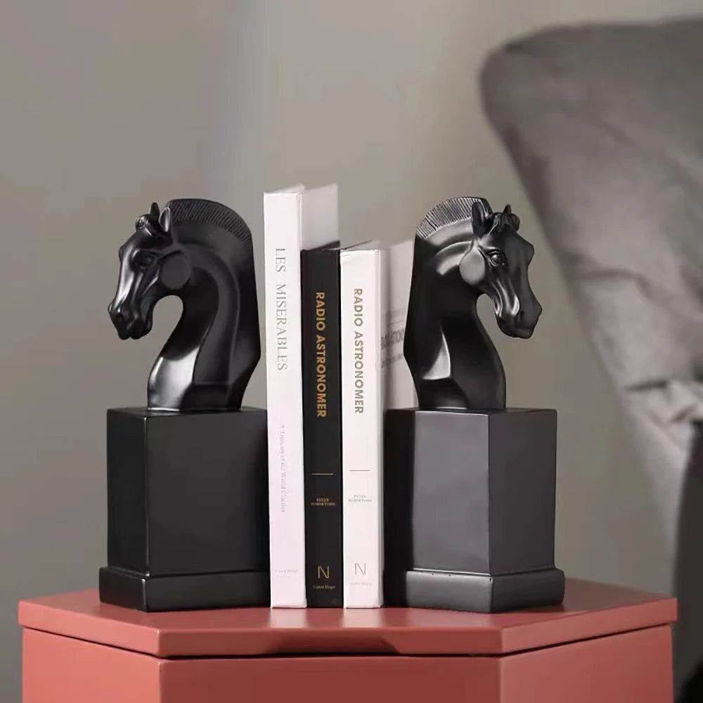 Marble-Look Horse Head Bookend — Sculptural Resin Book Stand