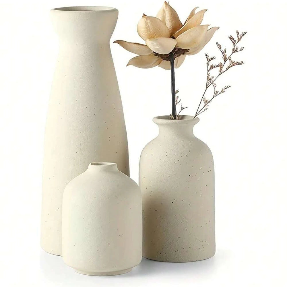 Bohemian Farmhouse Ceramic Vase Set (3-Piece) — Shelf & Table Decor