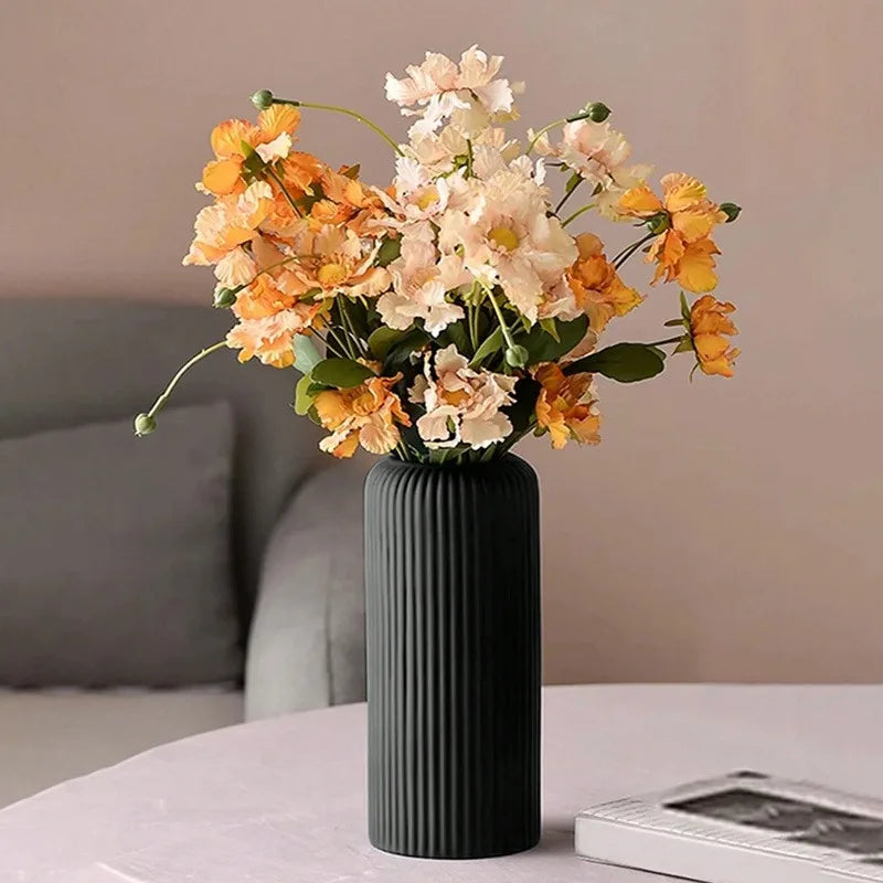 Chic Ribbed Ceramic-Look Vase — Compact Decorative Floral Piece