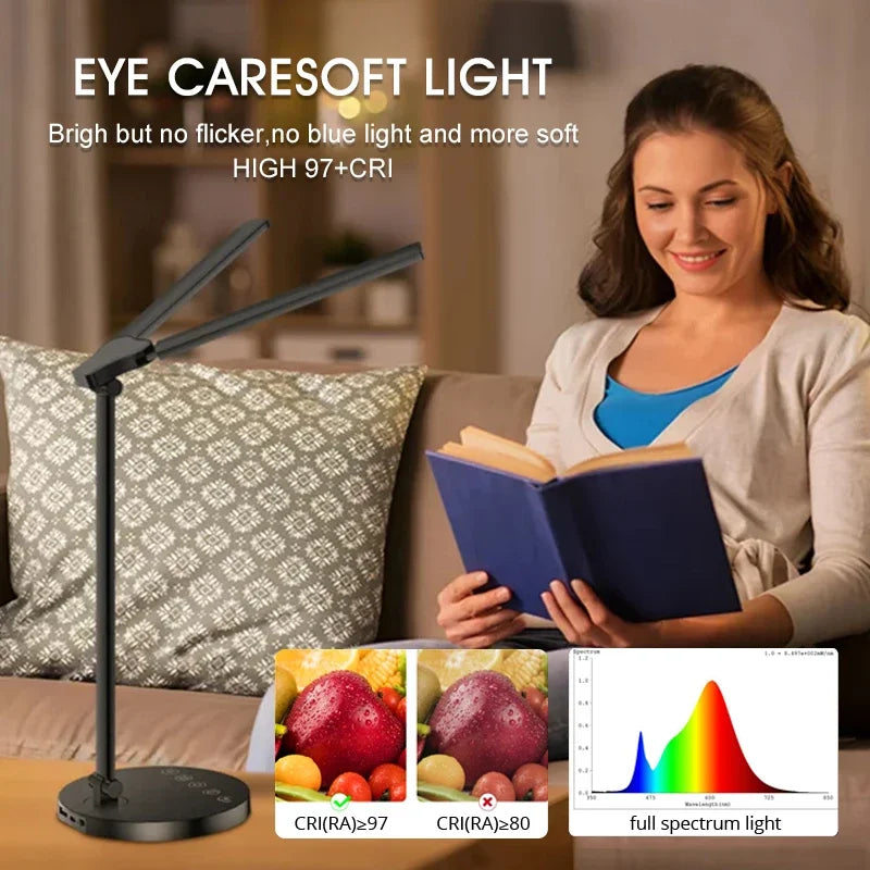 Dual-Head Folding LED Desk Lamp — 5-Color Touch Control with USB Charging