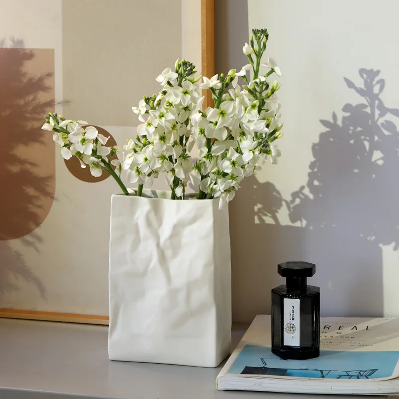 Pleated Paper-Bag Ceramic Vase — Scandinavian Bohemian Decor
