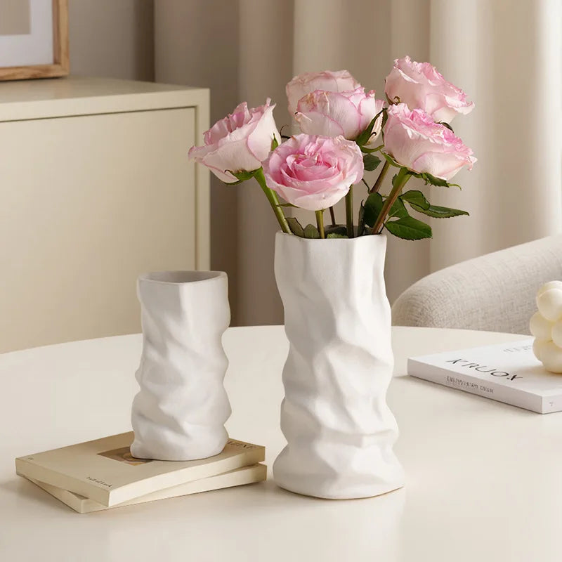 Wrinkled Ceramic Vase — Modern Sculptural Vessel for Living Room & Entryway