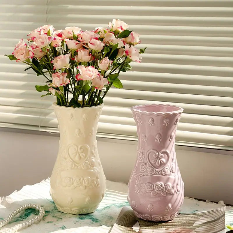 European Relief Rose Ceramic-Look Vase — Retro Living Room Ornament