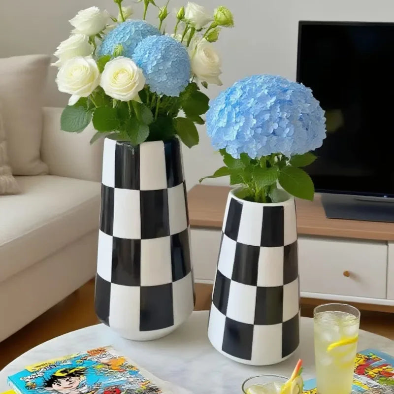 Black & White Checkered Ceramic Vase — Minimalist Statement Piece