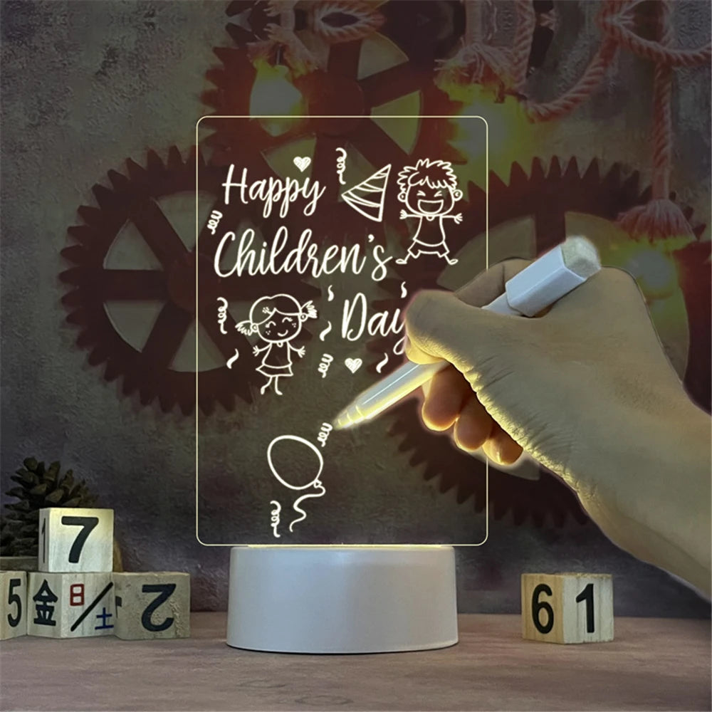 LED Acrylic Message Board Night Light — Erasable Desk Memo Lamp