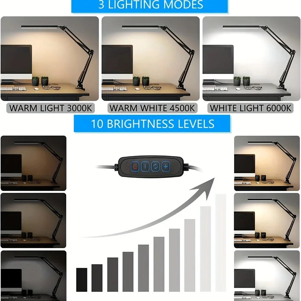 Eye-Care Clamp Desk Lamp — Adjustable Reading Light with 10 Brightness Levels