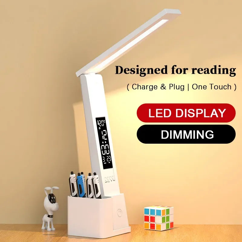 Foldable Desk Lamp with LED Clock — Dimmable Touch Reading Light