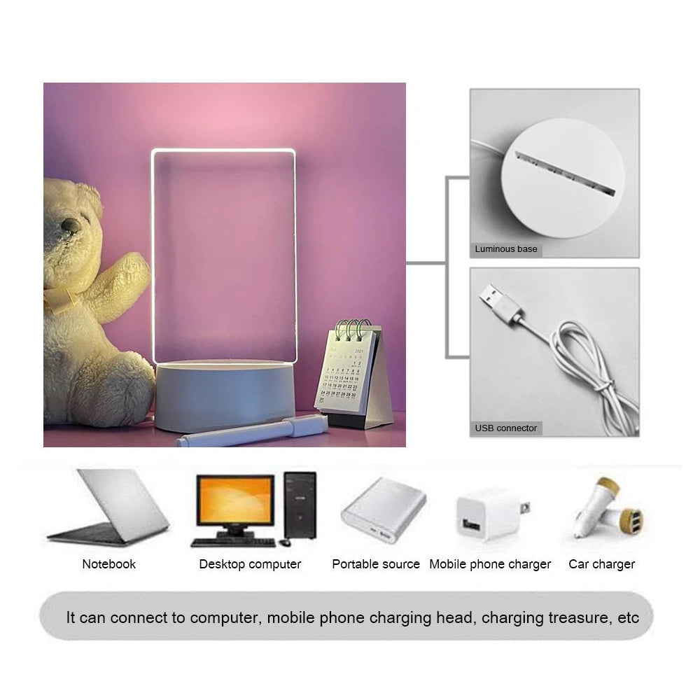 LED Acrylic Message Board Night Light — Erasable Desk Memo Lamp