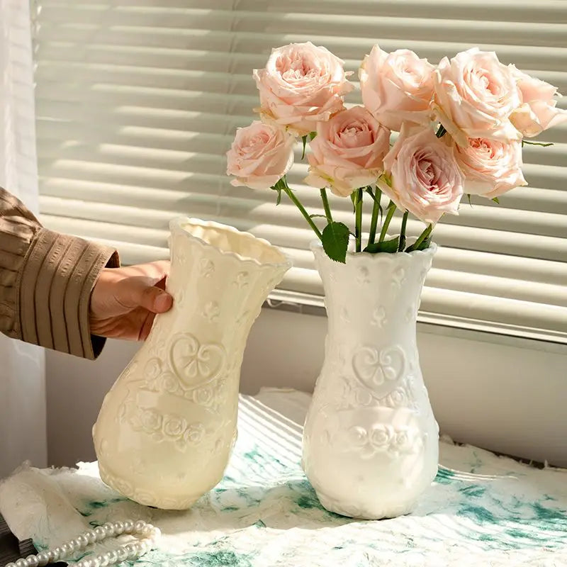European Relief Rose Ceramic-Look Vase — Retro Living Room Ornament