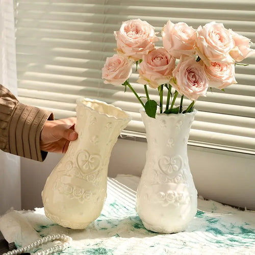 European Relief Rose Ceramic-Look Vase — Retro Living Room Ornament