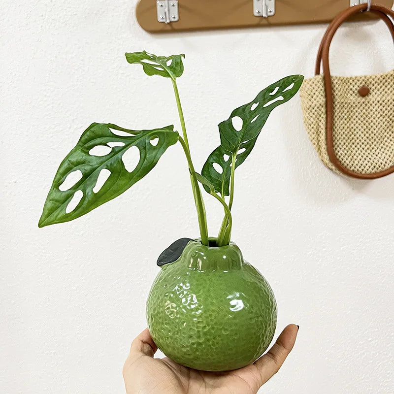 Glazed Green & Orange Ceramic Fruit Vase — Tabletop Centerpiece